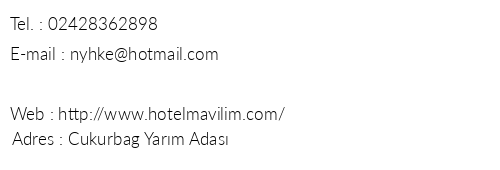 Mavilim Hotel telefon numaralar, faks, e-mail, posta adresi ve iletiim bilgileri